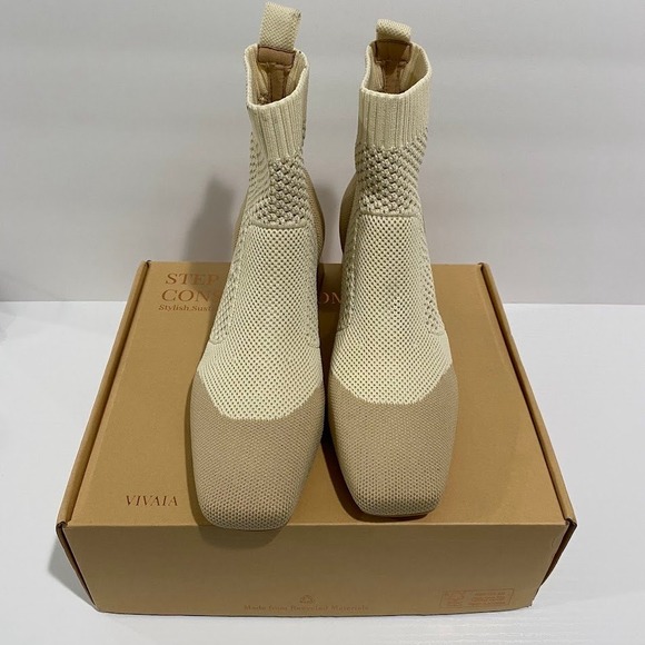 VIVAIA Women's Cream Beige Knit Sock Ankle Boots Square Toe Block Heel Size 6 - Picture 5 of 11